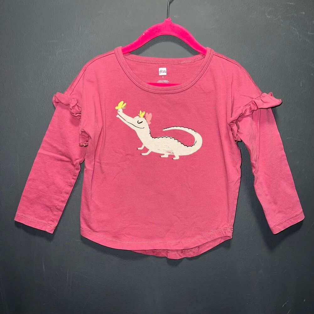 Tea Collection Top Girls 3 Toddler Long Sleeve Pink Ruffle Alligator Crew Neck